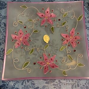 Stunning Sparkle🥳HP🥳Floral Glass Plate with Purple Sequins and Green Accents
